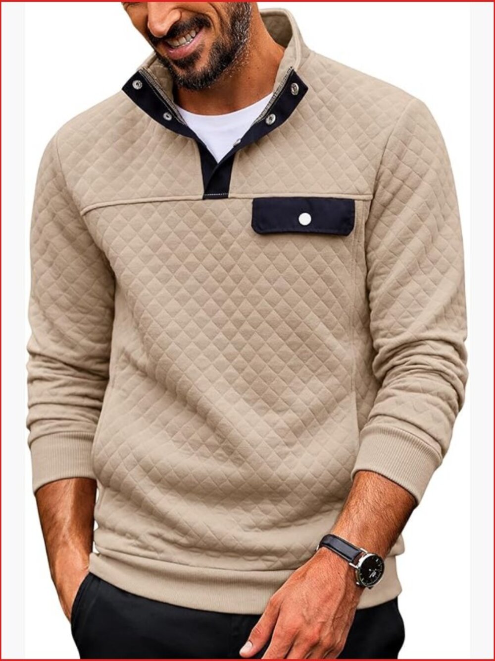 Quilted Quarter Button Pullover Sweatshirt Stand Collar Polo Pockets
